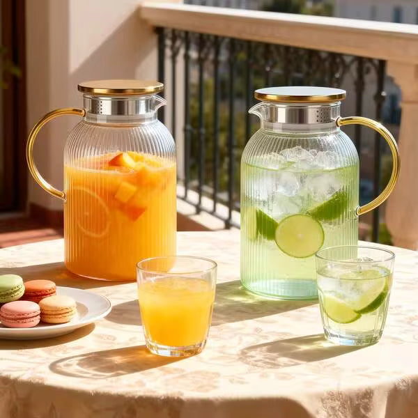 EZIFY 2Pcs Vertical Texture Glass Pitcher Set, Luxury Cold Water Carafe With Golden Handle & Lid, Large Capacity Drink Jug With Bonus Cleaning Brush For Kitchen Home Party