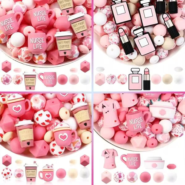 5/33Pcs 3D Pink Love Nurse Coffee Cup Theme Silicone Beads, Polygon + Print Round Beads + Lentil Beads, Fashion Designs, Beads For Jewelry Making, For DIY Accessories And Holiday Decorations, Keychain, Pen , And Decorative Accessories- Ldeal Gift